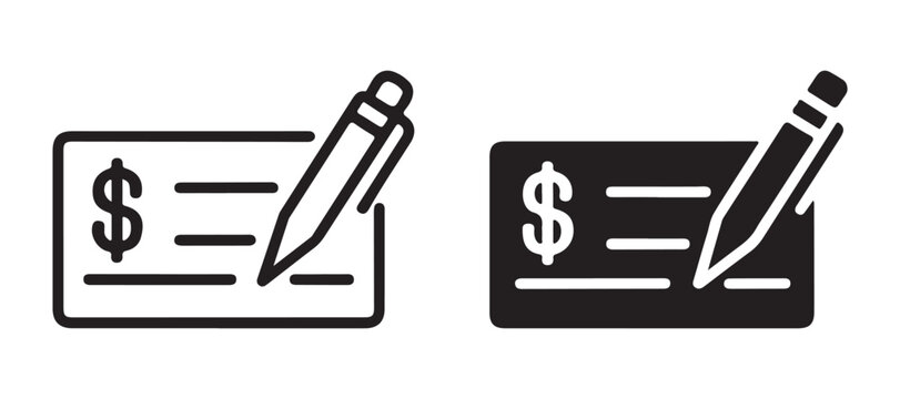 Bank check icon with pen for payment processing financial transaction and business money management.