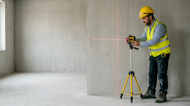 Professional construction worker in safety gear operating a laser level device on a tripod in an unfinished concrete room.