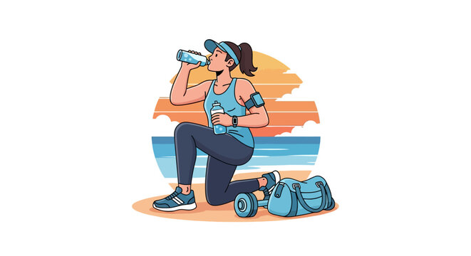 Woman drinking water after exercise on beach.