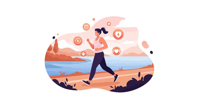 Woman running outdoors during sunrise with abstract elements.