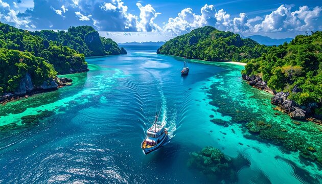 Aerial photographs show fishing boats sailing through tropical bays, emerald clear seas, turquoise waters, sunny weather, summer holidays, luxury fishing boat voyages, paradise island coastlines, rela