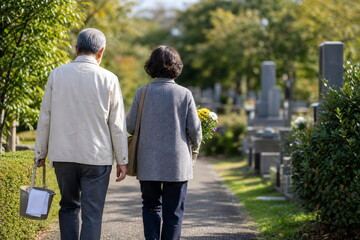Obraz premium 夫婦で墓地を歩く秋のお彼岸参り