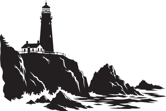 Black silhouette of a lighthouse on a rocky coastline cliff