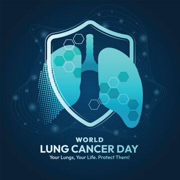 World lung cancer day - lung sign with bubble dot and hexagon texture in shield frame on dark blue background vector design