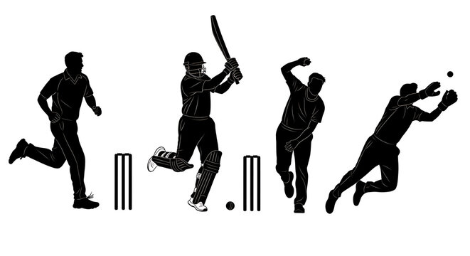 Cricket players in action silhouette style