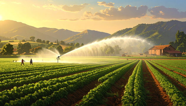 Golden Sunset Over Lush Farmland with Irrigation Sprinkler System