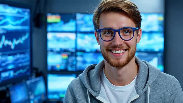 Young man in front of financial screens