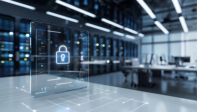 Futuristic transparent glass panel displaying digital padlock for data security