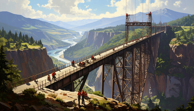 Massive Steel Bridge Spanning Deep Valley with Scenic River View