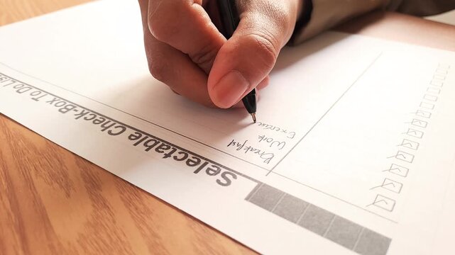 Close-up of a young Asian woman's hand using a black pen to check off tasks on a daily planner or to-do list in a minimalist wooden interior. The cinematic footage captures the satisfying movement.