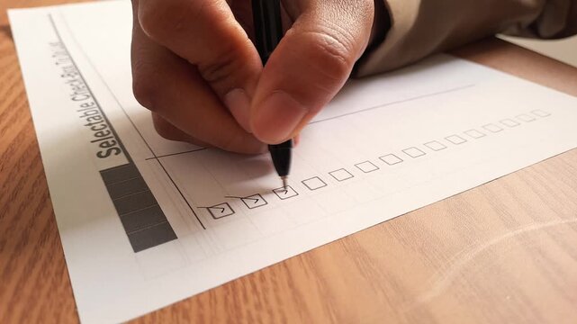Close-up of a young Asian woman's hand using a black pen to check off tasks on a daily planner or to-do list in a minimalist wooden interior. The cinematic footage captures the satisfying movement.