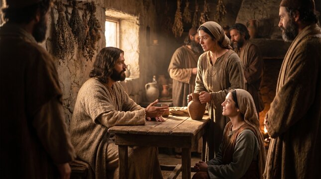 Jesus Christ sitting at a wooden table in a rustic house, teaching Mary who sits at his feet while Martha stands with a jug in a biblical scene of hospitality.