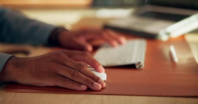 Business, cursor or hands in office with report, online communication or pitch update on email. Tech, man or employee in workplace with mouse, proposal review or networking on virtual platform.