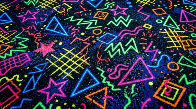 Retro 90s Neon Geometric Carpet Pattern Background Featuring Vibrant Shapes and Lines for Nostalgic Arcade Roller Rink or Bowling Alley Themed Graphic Design Projects