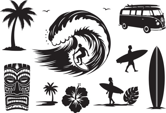 Black silhouettes of surfing and beach including palm wave