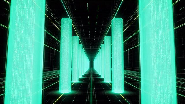 Digital corridor with glowing columns