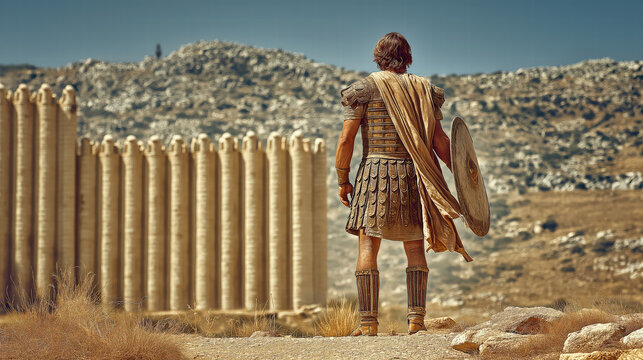 Joshua standing before the massive walls of Jericho in ancient desert landscape with dramatic atmosphere