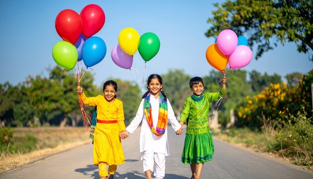 Children Walking with Balloons in Festive Clothing