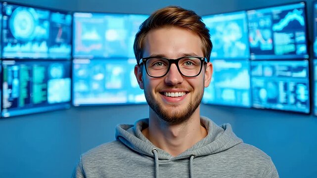 Young man in front of multiple screens