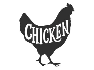 Black silhouette of a chicken with a lettering Chicken inside it, full-length side view. Vector illustration isolated on a white background © tiena