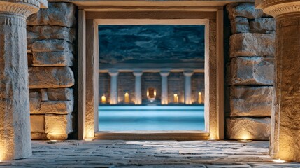 Fototapeta premium Monumental Carved Doorway to Underground Sanctuary with Ancient Columns