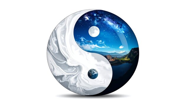 A stylized yin-yang symbol represents balance. One side is a night sky with moon and stars; the other a landscape