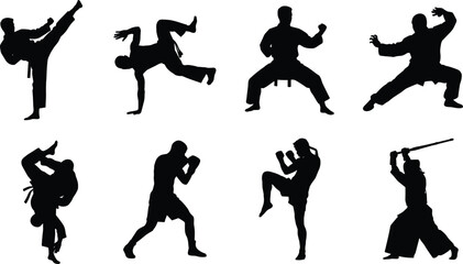 Martial arts silhouettes collection featuring karate taekwondo kung fu and boxing fighters isolated on white background © Noman