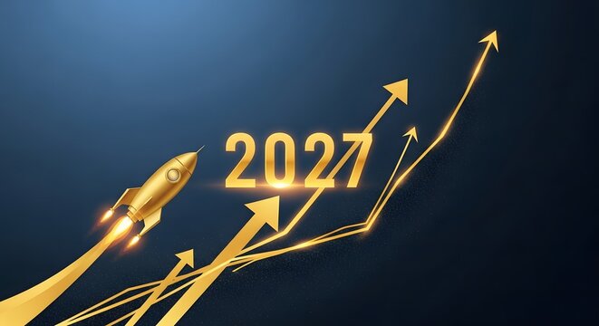 Golden rocket 2027 success trajectory art.