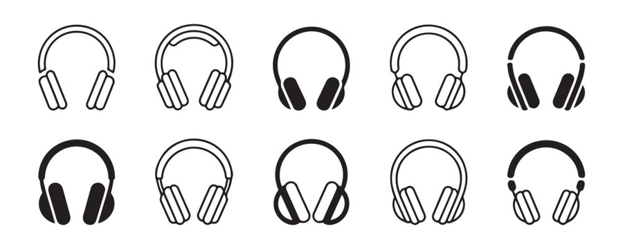 Ten modern headphones outline and filled icons on transparent background for various designs.
