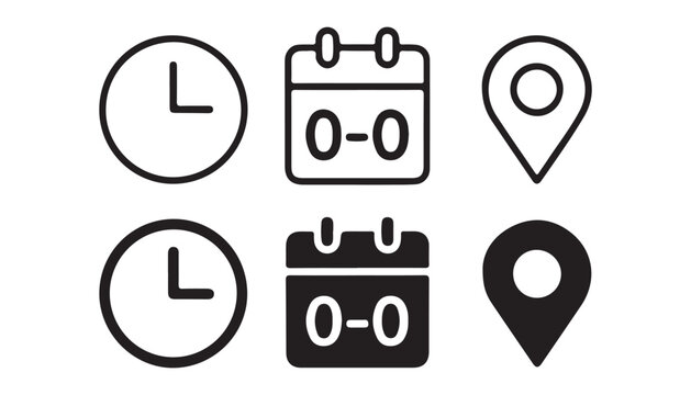 Universal time and date icons with location pin set for event scheduling and appointment management.