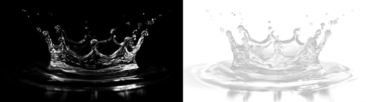 Water splash creates crown shape on a surface in black and white style with isolated on transparent and black background, light overlay, PNG