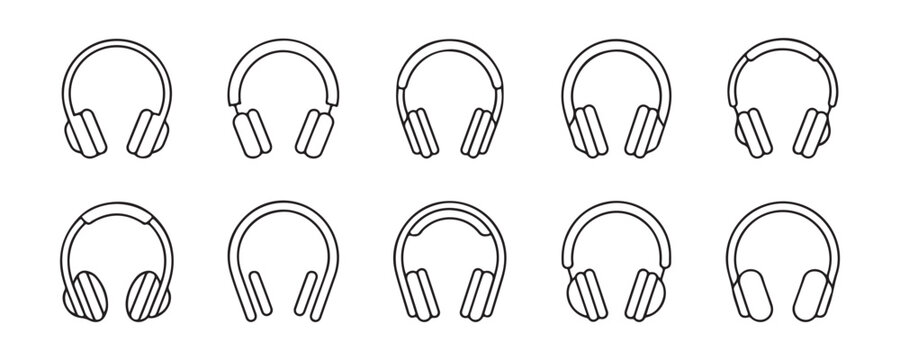Headphones line icon collection with diverse headband styles and ear cup designs for music equipment.