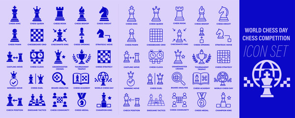 World chess day icon set with chess pieces, strategic gameplay and tournament competition line icons in monochrome blue style © Thuong