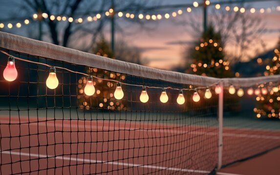 Glowing String Lights on Tennis Court Net During Dusk at Outdoor Venue