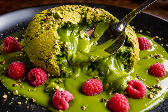 Gourmet pistachio matcha lava cake with molten green center scooped by spoon and decorated with fresh raspberries