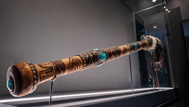 An ornate ceremonial blowpipe displayed in a museum case.