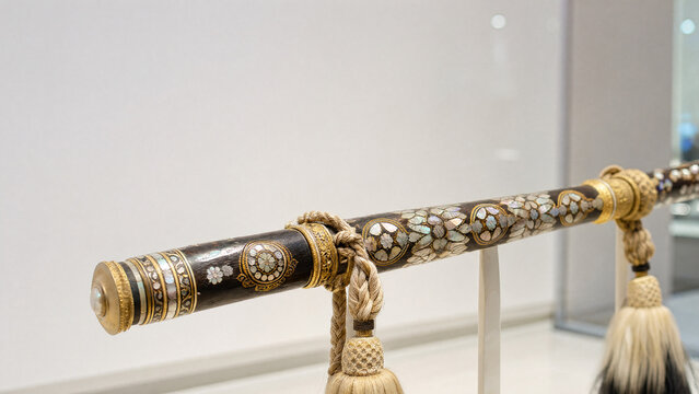 An ornate ceremonial blowpipe displayed in a museum case.
