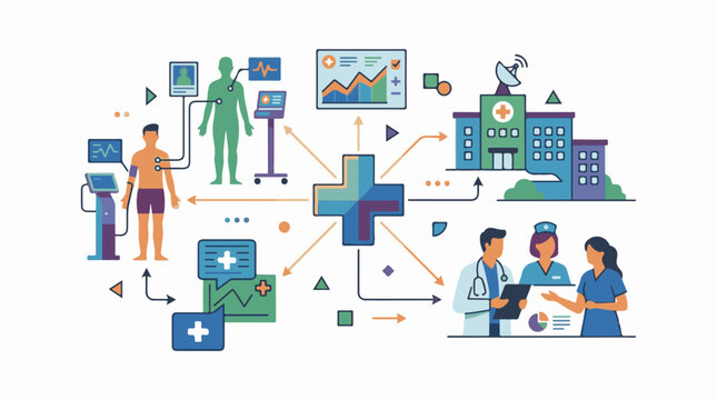 A colorful infographic of a patient being monitored by a doctor and nurse