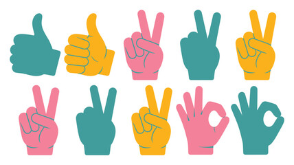 Fototapeta premium Hand gestures collection thumbs up and peace sign symbols on transparent background, high quality professional gesture icons, approval and positivity signs, vector illustration eps 10.