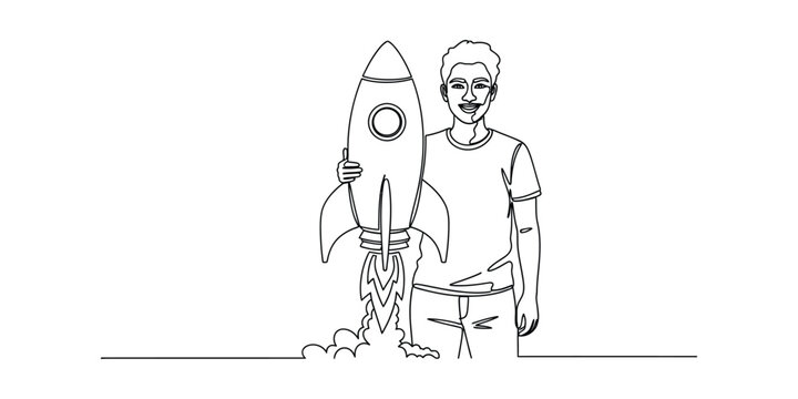 Continuous line drawing of young man holding rocket launching into sky.