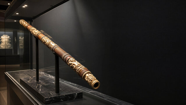 An ornate ceremonial blowpipe displayed in a museum case.