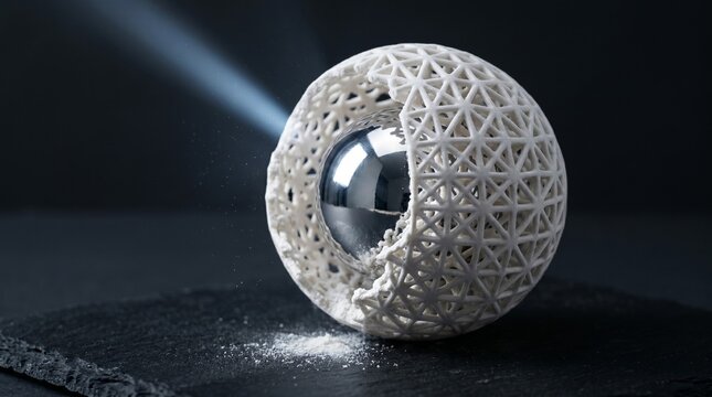 White ceramic lattice sphere breaking away to reveal a shiny silver metallic core, concept of data re-identification risk