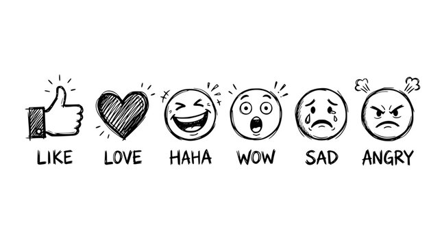 Hand drawn social media reaction icons like love haha wow sad angry, doodle sketch collection, black ink vector illustration
