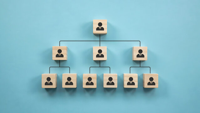 A hierarchical organizational chart made with wooden blocks on blue background