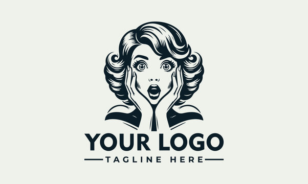 Retro comic style shocked woman face vector logo illustration design
