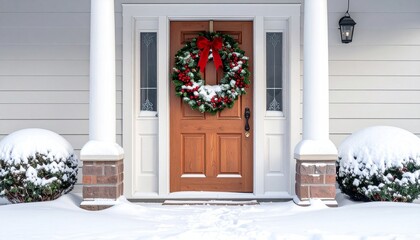 Fototapeta premium House door on chrismas day, full decoration and snow