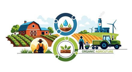 Naklejka premium Organic Agriculture Infographic with Farm Landscape and Farmers.