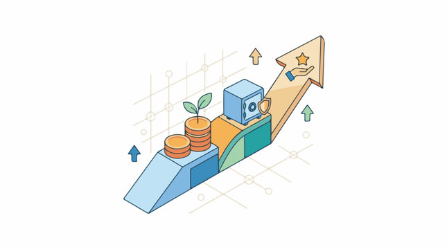 A colorful isometric illustration of a growing investment with coins a safe and a plant on a bar graph with upward arr