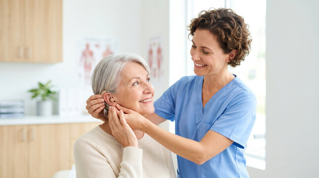 Doctor fitting hearing aid on elderly woman smiling in clinic  