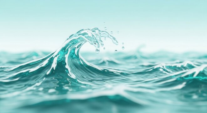 Close up of a beautiful turquoise ocean wave breaking with delicate water droplets in bright